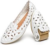 HEAWISH Women's Floral Ballet Flats for Women Black Beige Slip On Flowers PU Leather Round Toe Dress Shoes(White,US12)