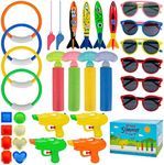 32Pcs Diving Pool Toys with Water Guns Sunglasses,Underwater Swimming Toys Pool Party Favors with Blaster Soaker Guns,Water Ring,Whistle,Torpedo Bandits,Diving Gem for Kids Girls Boys