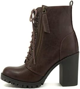 Soda Malia Round Toe Stacked Lug Heel Lace Up Ankle Booties, Brown, 8.5