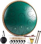 Steel Tongue Drum - HOPWELL 15 Note 14 Inch Tongue Drum - Hand Pan Drums with Music Book, Steel Handpan Drum Mallets and Carry Bag, D Major (Green)