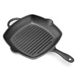 Navaris Cast Iron Griddle Pan - Pre-Seasoned Cast Iron Grill Pan for Frying and Grilling Meat and Veg - Square Grilling Skillet - 27cm