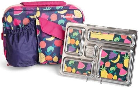PlanetBox Rover Stainless Steel Bento Box Style Lunch Box Kit for Kids with 5 Compartments – Tutti Frutti Edition includes Insulated Lunch Bag, Leakproof Food Containers and Matching Magnets