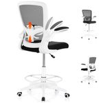 Giantex Drafting Chair, Tall Office Chair for Standing Desk, Adjustable Tall Desk Chair with Footrest Ring and Lumbar Support, Executive High Computer Chair with Flip-up Armrests, White (1)