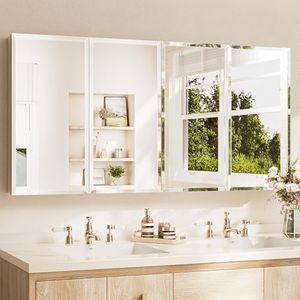 TETOTE 64 x 32 Medicine Cabinet with Tempered Beveled Mirror Silver Aluminum Cabinet DTC Hinges, Stepless Adjustable Shelves, Recessed/Surface-Mounted