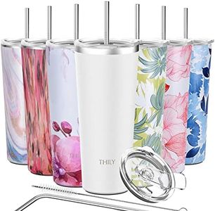THILY Vacuum Insulated Tumbler Stainless Steel-26 oz Coffee Cup with 2 Lids and Straws, Powder Coated Travel Mug, Keeps Ice Drinks Cold, White