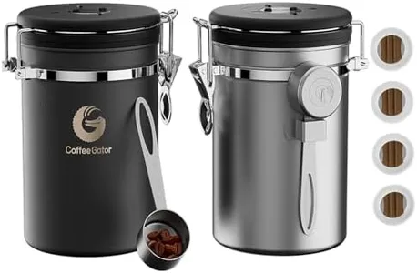 Coffee Canister - Coffee Gator Stainless Steel Coffee Container - Fresher Beans and Grounds for Longer - Date-Tracker, CO2-Release Valve and Measuring Scoop - 2-Pack, Silver/Gray