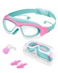 Victoper Kids Swimming Goggles 4-16 years, Upgraded Design Anti-Fog Anti-UV Wide Clear View Soft Silicone Adjustable Swimming Goggles with Ear&Nose Plug for Girls Lake Blue