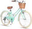 Glerc 24 Inch Beach Cruiser Bike, 6-Speed Hybrid City Bicycle for Girls Youth and Over 6 Years Old, Missy Bike with Wicker Basket & Lightweight, Mint