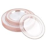 MATANA 40 Premium Reusable Plastic Plates with Hammered Rose Gold Rim - 20 x 26cm, 20 x 19cm - Hard Plastic Party Plates for Weddings, Birthdays, Christmas, Parties