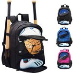 Rudmox Baseball Bag Backpack, Soccer Bag, Basketball Backpack, T-Ball & Softball Bag with Fence Hook Holds Bat, Helmet, Basketball, Football, Vollyball, Gloves (Black)