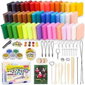 Polymer Clay Starter Kit, 46 Colors Oven Bake Clay, DIY Modeling Clay Bockers, 5 Scuplting Tools, 5 Colors Mica Powder, 40 Jewelry Accessories for Kids and Adult