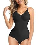 Nebility Women Waist Trainer Bodysuit Slim Full Body Shapewear Seamless Round Neck Jumpsuits Tummy Control Tops (M/L, Black V Neck Bodysuit)