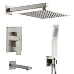 ROVATE Shower Faucet Set with Tub Spout Brushed Nickel, 3-Function 10 Inch Bathroom Rain Shower System with High Pressure Rainfall Shower Head and Handheld, Shower Faucet with Rough-in Valve