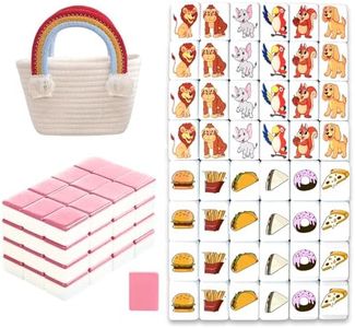 SILICPS Seaside Escape Game Blocks Mahjong Sets with 49 Tiles 30mm Pet and Food Pattern with Staw Rainbow Handbag for Spring Picnic Party Gift.