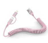 USB to USB C and Lightning Cable Support Apple Carplay & Android Auto - Pink Retractable Car Charger Coiled Lightning Cable [MFi Certified] 3A Fast Charge & Data Sync Coiled USB A to USB C Cable Pink