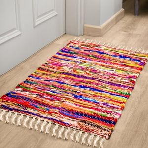 RAJRANG Boho Chindi Rag Rug 20x32 Inches - Handwoven Recycled Braided Rug Multicolor with Tassel for Doormat Bedroom Entryway Living Room