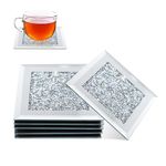 Glass Mirrored Coasters for Drinks Set of 6, Crushed Diamond Coaster Set, Silver Crystal Wine Coasters, 4 Inch Drink Coasters for Coffee Table, Great Gift for Housewarming Bar Home Decor (Square)