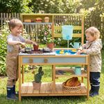 Costzon Wooden Kids Play Kitchen, Outdoor Mud Kitchen with Removable Sink, Water Box & Faucet, Stove Top, Storage Shelves, Fun Backyard Pretend Kitchen Playset for Boys Girls 3+ (Blue)
