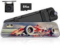 KQQ 4K Mirror Dash Cam Front and Rear with 64GB Sd Card,10" IPS Touch Screen Rear View Mirror Camera para Carro Dual Dash Camera for Cars Camera,170°Wide Angle,Revers Assistance,ParkMonitor,G-Sensor