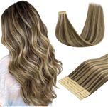 DOORES Tape in Hair Extensions Human Hair, 20pcs 50g 14 Inch Chocolate Brown Highlight Caramel Blonde, Straight Hair Extensions Seamless Skin Weft Remy Hair