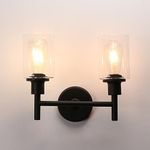 Phansthy Retro Style Dual Head Wall Lights Industrial Glass Shade Double Head Vintage Wall Sconces Indoor Light for Loft Bar Kitchen Lamp Bedroom Vanity Mirror E27 (Black)