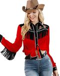 JOHN MOON Womens Fringe Western Long Sleeve Shirts Floral Embroidered Cowgirl Button Down Shacket Blouse Country Rodeo Outfit, Red, L