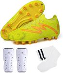 brooman Kids Firm Ground Soccer Cleats Boys Girls Football Shoes with Shin Guards and Soccer Socks (10,Lime)