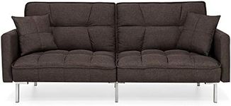 Best Choice Products Convertible Linen Fabric Tufted Split-Back Plush Futon Sofa Furniture for Living Room, Apartment, Bonus Room, Overnight Guests w/ 2 Pillows, Wood Frame, Metal Legs - Brown