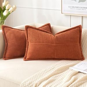 2 Packs Throw Pillow Covers Corduroy, 12x20 Inch Decorative Lumbar Pillow Covers, JOMWEN Super Soft Boho Striped Cushion Covers for Couch Bed Sofa Livingroom 30x50cm (Rust, 12x20 Inches)