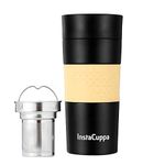 InstaCuppa Stainless Steel Travel Mug with Infuser Unit, Sipper Lid, Silicone Grip, 350 ML, Black + Cream