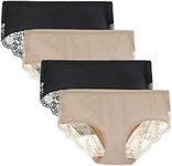 LIQQY Women's 4 Pack Cotton Mid Rise Full Coverage Lace Hipster Brief Panty Underwear (Small, Black/Nude)