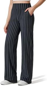G4Free Women Wide Leg Pants High Waist Stretch Yoga Pants with Pockets Loose Casual Sweatpants(Gray Black Stripe,S,Regular)