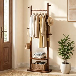 Taitiy Solid Wood Coat Rack, Freestanding Clothing Rack with 2 Shelves Storage & 5 Hooks, Heavy Duty Clothes Rack Stand for Hall, Bedroom, Living Room