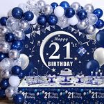 Domila 21st Birthday Decorations for Him/Her - Blue Boys Men Party Supplies Including HAPPY Backdrop Tablecloth Decor Bday Women Girls