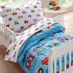 Wildkin 4Piece Toddler Bed-in-A-Bag, 100% Microfiber Bedding Set, Comforter, Flat Sheet, Fitted Sheet, & Pillowcase, Coordinates with Other Room Décor, Olive Kids Design - Trains, Planes, and Trucks