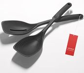 2 Pack Large Silicone Cooking Spoon, Non-Stick Slotted and Solid Spoon set with Deep Bolw and Measurement Mark for Mixing, Serving, Draining, Scooping, Scraping, Heat Resistant Kitchen Utensils, Black