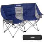 FUNDANGO Double Camping Chair for Adults, Padded Folding Camping Chair 2 Seater, Outdoor Foldable Camp Chair Sofa with Cup Holder Pockets, Heavy Duty Loveseat for Beach Garden Picnic Festival, Blue