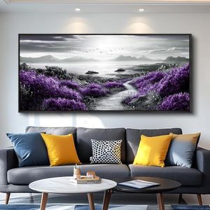 FUHAIHUA Canvas Wall Art For Living Room Wall Decor For Bedroom Office Wall Decoration Purple Flowers Landscape Painting Black And White Pictures Artwork Room Aesthetic Home Decor 32x72 In