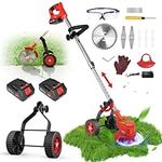 Weed Wacker, 21V 2*2.0Ah Battery grass trimmer with Wheel, Brush Cutter with 3 type Metal Blade, Grass Trimmer Cordless with Battery and Charger, Weed Eater, Lawn Edger, Mower, 3-in-1Weed Trimmer Tool