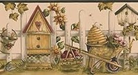 Norwall Vintage Birdhouses Sunflowers Gardening Tools Picket Fence Coconut White Wallpaper Border Retro Design, Roll 15' x 7''