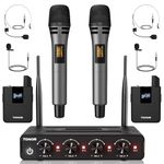 UHF 4 Channel Wireless Microphone System with 2 Cordless Handheld Lavalier Headset Mics Bodypack, ABS Receiver, Ideal for Karaoke Church Party Class Sports