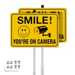 Faittoo Smile Your On Camera Signs with 36" Stake for Outside, 2-Pack 14"x10" Rust Free Heavy Aluminum, Reflective, Fade Resistant, 2 pre-drilled holes, Includes Matching Screws & Wrench, Easy to