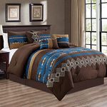 7 Piece Western Southwestern Native American Design Comforter Set Multicolor Navy Coffee Brown Embroidered Queen Size Bed in a Bag Navajo Bedding Set- Makala (Navy Blue, Queen)