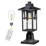 Solar Post Lights, HWH Dusk to Dawn Outdoor Lamp Post Light Fixture 2700K with Pier Mount Base, Remote Control Exterior Pillar Lantern Black Finish and Seeded Glass, 5HX62P-SL BK