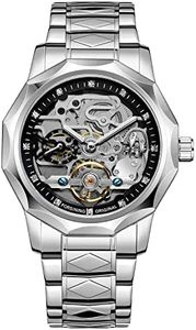 BOLYTE Tourbillon Design Men's Analog Automatic Stainless Steel Wrist Watch Mechanical Skeleton Male Clock, 8240-silver Black, Luxury Fashion