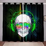 Loussiesd Skull Curtain for Boys Bedroom Decor Black Green Skeleton Curtains Skull Window Treatments Teens Skull Print Living Room Home Drapes Kids Music Headphones Notes Curtains W66*L72