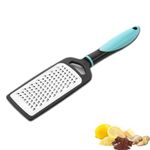 SIGNAMIO® Hand Kadukas Cheese Grater for Kitchen Stainless Steel Carrot Greater Ginger Slicer, Vegetable, Fruit Grinder - with Steel Protective Cover, Dishwasher Safe-27 cm Flat (Sky Blue - 1 Pcs)