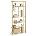 VASAGLE Bookshelf, 6-Tier Tall Bookcase, Display Shelf, Plant Stand, 11.8 x 31.5 x 70.9 Inches, Tempered Glass, for Study, Office, Living Room, Bedroom, Kitchen, Metallic Gold ULGT502A01