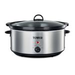 Tower T16040Y Slow Cooker with 3 Heat Settings and Removable Dishwasher Safe Pot, Up to 8 Portions, 6.5 Litre, Stainless Steel