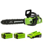 Greenworks Cordless Chainsaw with Brushless Motor, 14 Inch (35cm) Bar Length, 12m/s Chain Speed, 3.5kg, Auto-Oiler, Kickback Protection, Two of 40V 2Ah Batteries & Charger-GD40CS15K2X